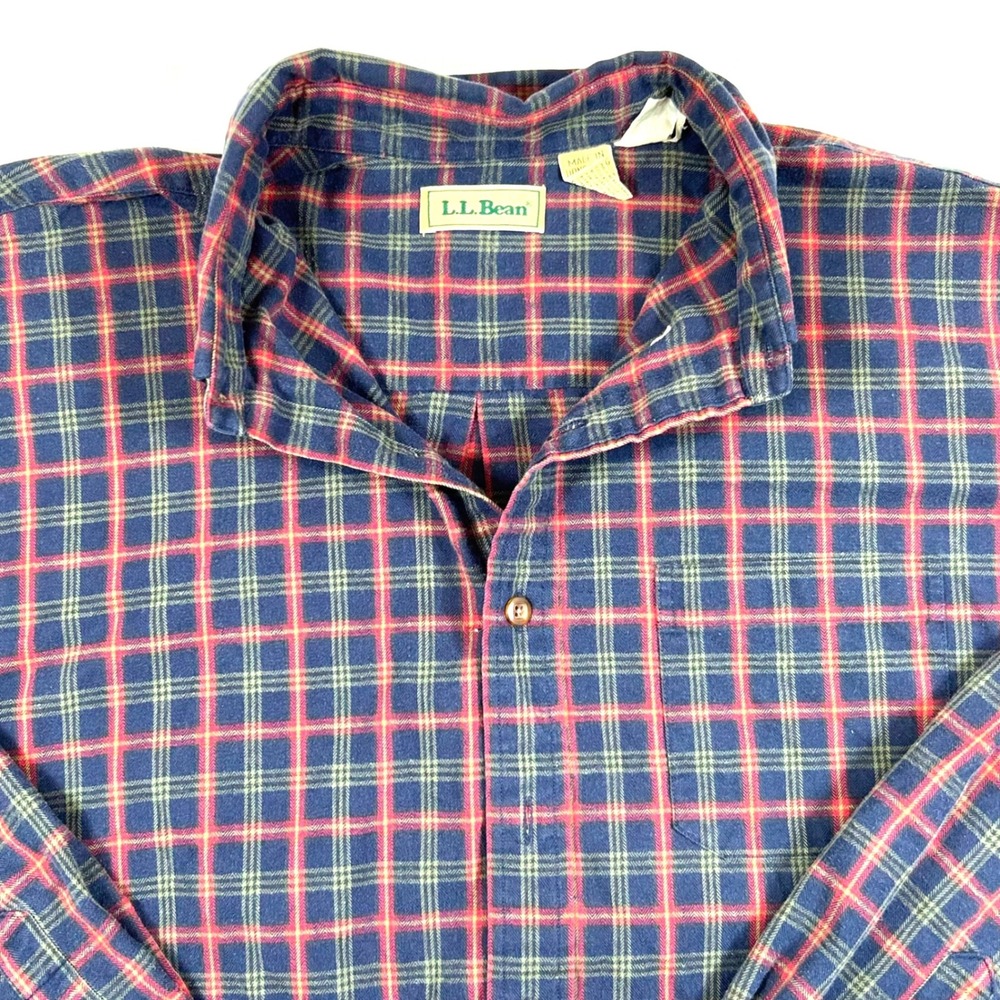 LL Bean Mens XL Plaid Button Down Shirt Navy Red Green Long Sleeve Cotton Blend